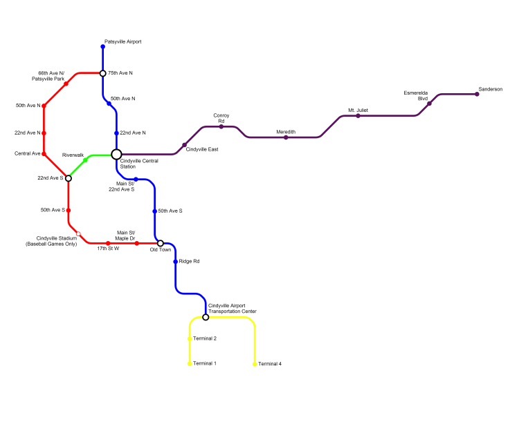 A map of the Cindyville rail system. The Blue and Red Lines are elevated rail lines, The Green and Yellow Lines are People Movers, and the Purple Line is a Commuter Rail Line. By HARTride 2012. ~ Click on the image to take a closer look.