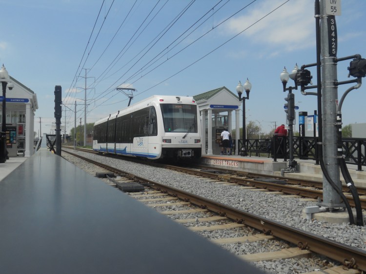 Train #401 departs towards downtown Norfolk. Photo taken by HARTride 2012. April, 2013.
