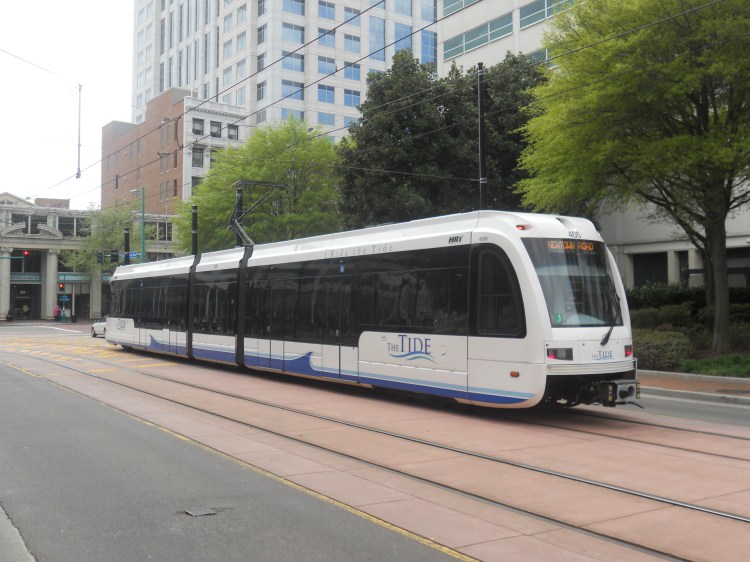 The existing Tide LRT Line in Norfolk, VA travels from the Eastern Virginia Medical Center to Newtown Rd. Two studies are currently in progress to extend both termini. Photo taken by HARTride 2012. April, 2013.