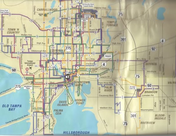 This is a transit guide map from the late 1990s. You will clearly notice that many routes have been altered over the years, and some have been completely eliminated. For example, Route 10 used to have limited service to Britton Plaza via WestShore Blvd, and Route 3 has been replaced by Route 46. Scan by Orion 2003.