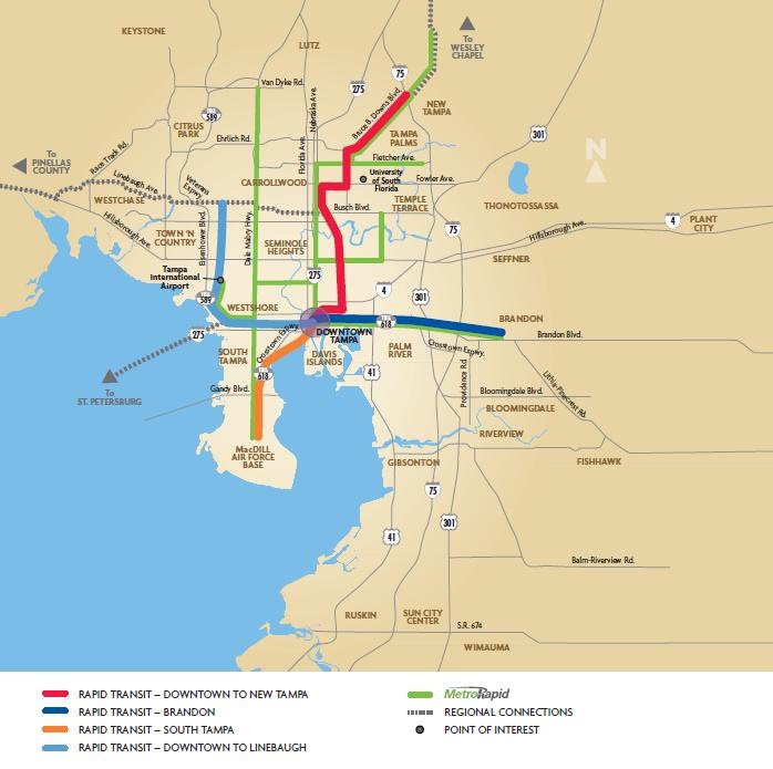The MetroRapid system at full build-out, along with planned light rail lines.