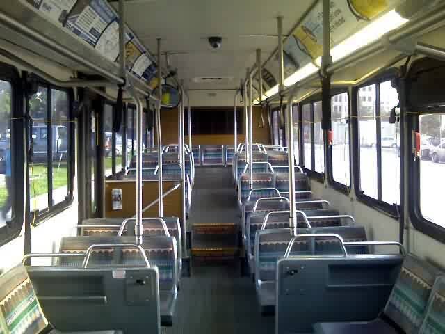 The interior of #2122. Notice the sideways-facing seats towards the front and rear of the bus? The 2001 and 2002 series 40-foot buses have this type of interior configuration. In fact, many of PSTA, SCAT, and HRT's buses also possess this same type of layout. Photo Credit: Shawn B.