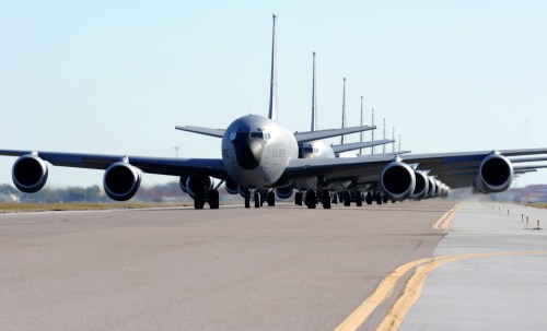 A line of KC-135 Stratotankers conduct an exercise known as an "Elephant Walk", where a single line formation of planes "march" down the taxiway in a fashion similar to a herd of elephants. A fleet of KC-135s are stationed at Tampa's MacDill AFB. Photo Credit: US Air Force/Tech Sgt. Tanika Belfield.