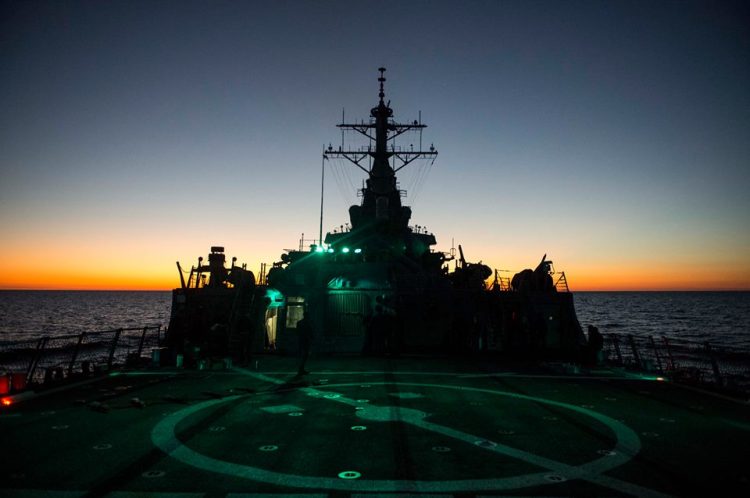 The USS Ramage (DDG-61) at sunrise (or sunset, not sure which). Photo Credit: US Navy.
