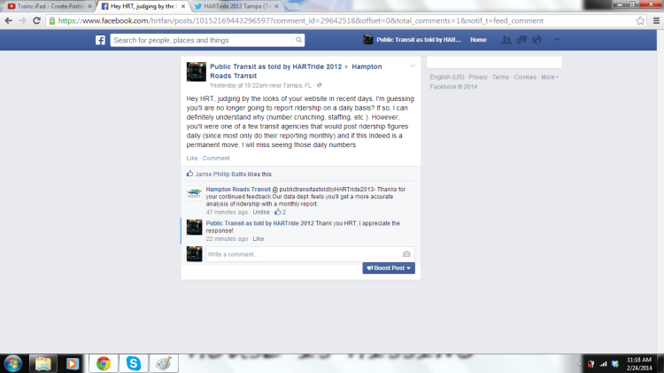 My post on HRT's Facebook page and their response.