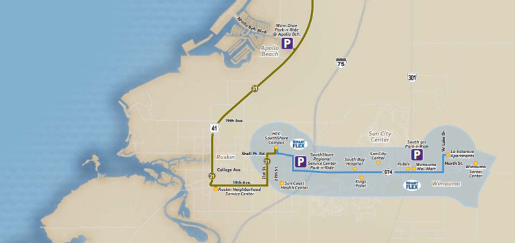 A map showing how local and HART FLEX service looks like in SouthShore today. From GoHART.org.