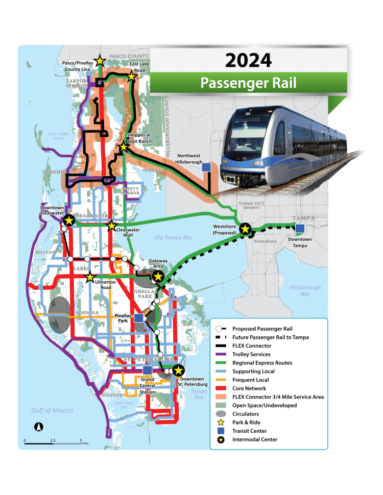 A map showing the various proposed bus system improvements that would be made if Greenlight passes, as well as the county's proposed Light Rail corridor. Credit: Greenlight Pinellas/PSTA.