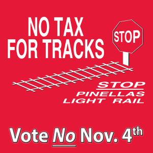 The No Tax For Tracks logo, with the words "Vote No Nov. 4". Credit: No Tax For Tracks Pinellas.