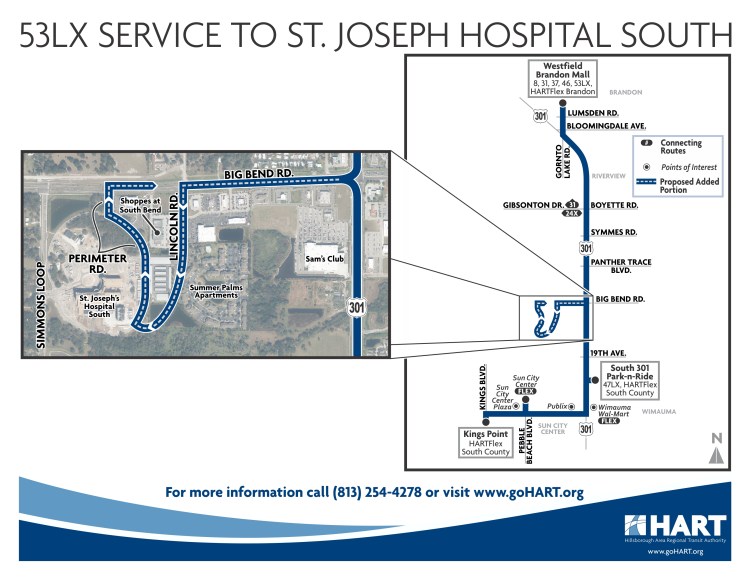 Route 53LX will be modified to serve the new St. Joseph's Hospital South campus. Credit: HART.