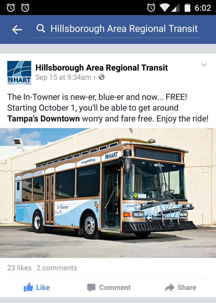 Screen cap of HART's Facebook post regarding the In-Towner.