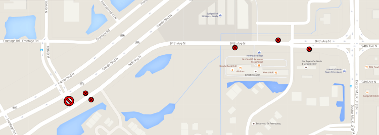 This map shows where the South Frontage Road access will be closed, as well as Route 74 bus stops that will not be served.
