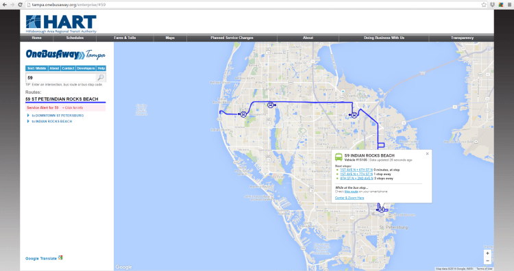 PSTA's Route 59 on the HART OneBusAway desktop website.