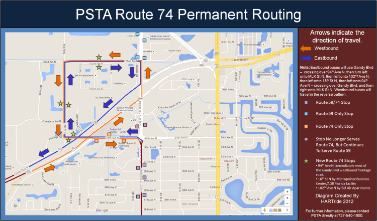 Diagram showing Route 74's new routing and bus stops, as well as existing bus stops. Please click on the image for a larger view.