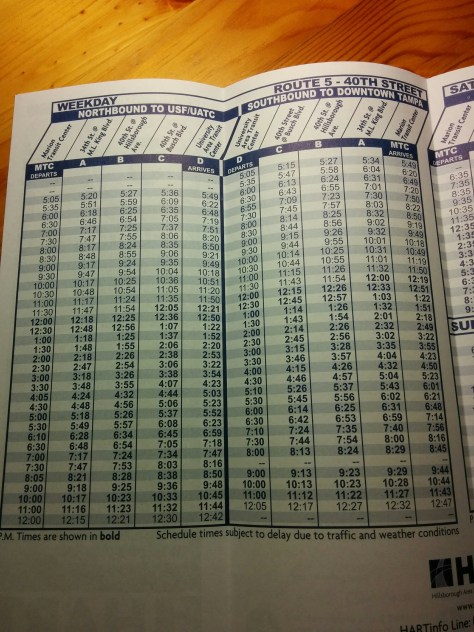 Looking at the Weekday section of the schedule timetable for HART Route 5.