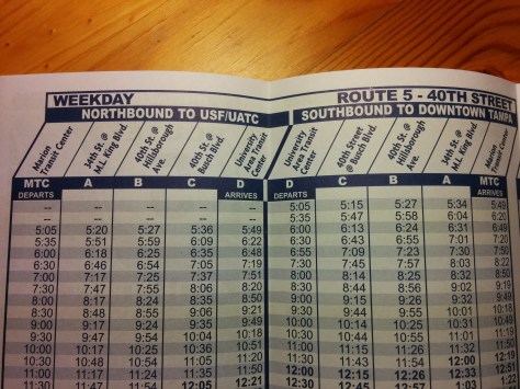 A close-up view - noting the Span of Service (in this case - Weekday), Route number and destination/corridor name, time points, and beginning runs.